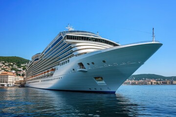 A large cruise ship docked near a coastal city under a clear blue sky on a sunny day in the summer