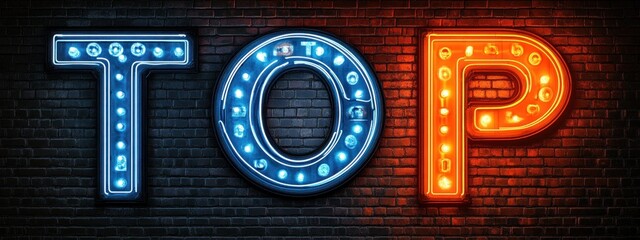 Neon Sign Top Logo with Bright Numbers on Dark Brick Wall Background