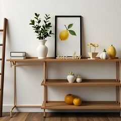 A wooden shelf with no decorations , a vase with plants , a picture of lemons , and a wooden ladder against a white wall 