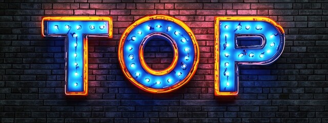 Neon Sign Top Logo with Numbers 1 to 9 on Dark Brick Wall Background