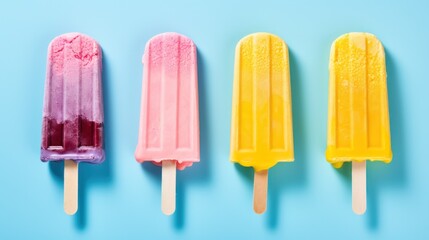A vibrant array of three colorful ice cream popsicles in shades of pink, blue, and yellow, placed on a pastel blue background
