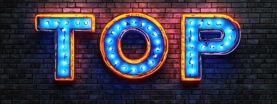 Neon Sign Top Logo with Numbers 1 to 9 on Dark Brick Wall Background