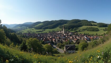 Obraz premium Scenic village panorama rolling hills aerial view daylight nature beauty