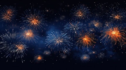 Fototapeta premium A vibrant burst of orange fireworks illuminating the night sky with a deep blue background