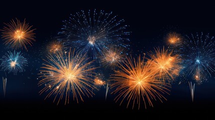 Obraz premium A wide shot of radiant orange fireworks against a clear deep blue background showcasing the celebration in the night sky