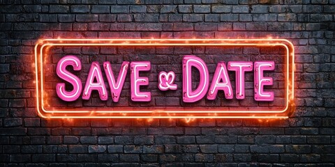 Save the Date Neon Sign Retro Marquee Lights Design on Brick Wall Background