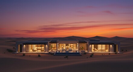 Desert House at Sunset with Warm Lights and Red Sky