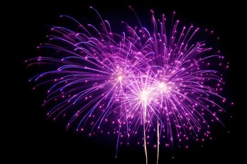 Bright purple firework trails cascading in the night sky to celebrate a national event isolated on white background