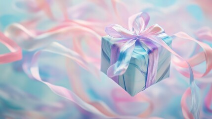 Elegant Gift Box with Colorful Ribbons Floating in Soft Background