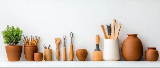A wooden shelf displays handmade ceramic pots, jars, and a vase, alongside clay, brushes, and other utensils used for the joyful process of plant care and potting.