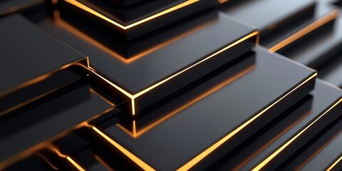 Cyberpunk inspired abstract design featuring layered black panel thin golden neon edge metallic surface reflect ambient light creating sleek high tech atmosphere arrangement of geometric element give