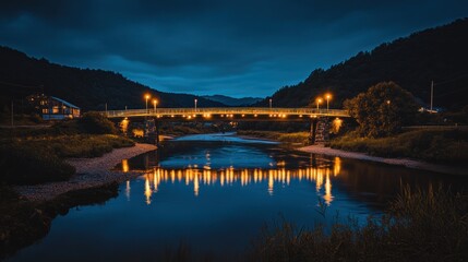 Fototapeta premium Nightfall Serenity: Illuminated Bridge Reflecting on Tranquil River