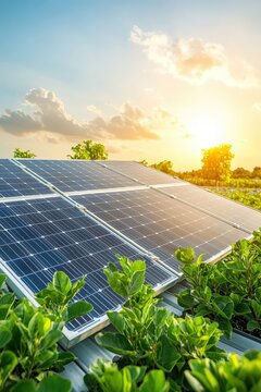 Solar Panels on Green Landscape Under a Beautiful Sunset Sky