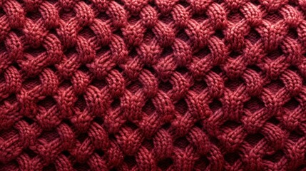 Close-up of intricate knitted wool fabric with a textured pattern and rich, warm color