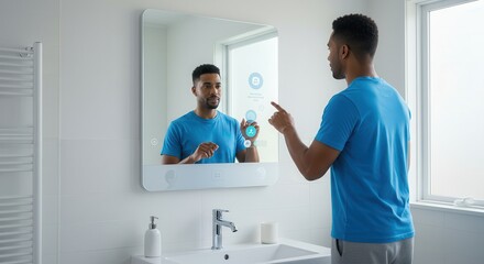 Obraz premium Man Using Smart Mirror with Touchscreen Interface in Modern Bathroom