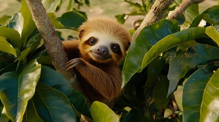 Fototapeta premium Sloth Relaxing Amidst Lush Greenery in Costa Rica's Trees