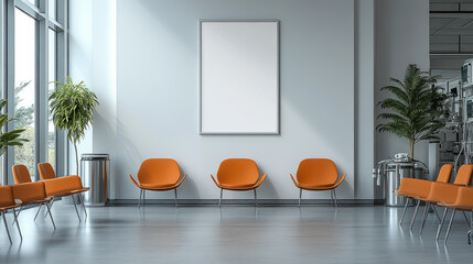 Mock up of white vertical poster in bright waiting room, orange chairs, green potted plants and floor-to-ceiling windows, contemporary clean design. Banner with copy space for advertisement or info
