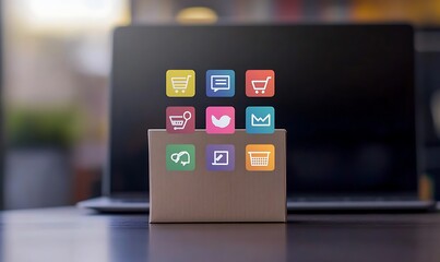 A cardboard box is placed on a table with digital shopping and cloud service icons floating above it.