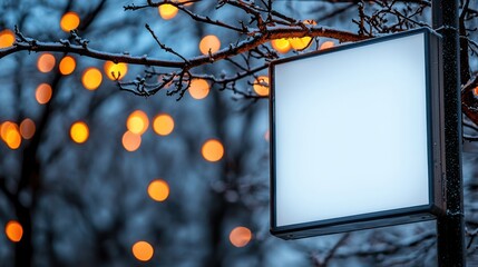 Blank sign on post at dusk with bokeh lights.  Possible use advertising mockup