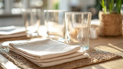 A cozy dinner setting featuring reusable napkins and clear glass cups on a woven placemat, creating a warm and inviting atmosphere