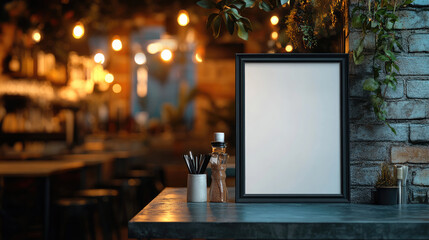 Black frame poster mockup on a modern bar counter with warm lights, urban nightlife atmosphere, and elegant decor elements. Copy space for advertising or branding. Mock up