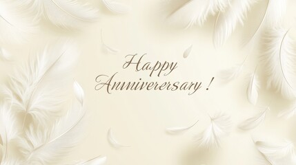 Elegant Happy Anniversary scene with drifting white feathers on beige portrait