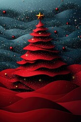 Red Christmas Tree in a Snowy Landscape