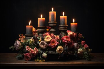 Graceful candles encircled by delicate flowers, showcased on a vintage wooden table with a dramatic, dark-colored backdrop