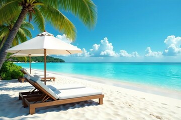 Obraz premium Sun loungers on a tropical beach with white sand and crystal clear water, palm trees, sandy beach, seaside