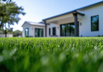 Beautiful house in the grass, blurred background, close-up shot of the house, white walls and windows, green lawn