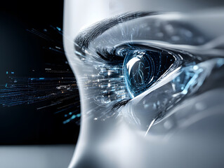 Extreme close up of futuristic robotic eye scanning data streams with digital interface showing advanced artificial intelligence vision system