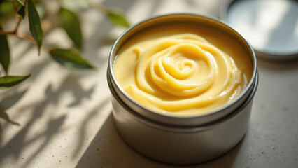 Small container with light yellow substance resembling butter or fat on a white surface, potentially for cooking or cosmetic use.
