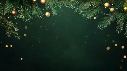 Festive evergreen branches with gold ornaments, bokeh lights, dark green background; ideal for holiday cards