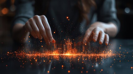 Woman building city in digital space, abstract art, futuristic concept, possible use for tech innovation stock photo