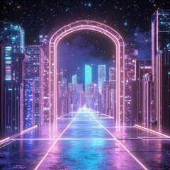 Neon lit futuristic cityscape with an archway and stars above