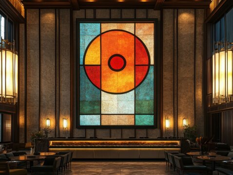 A hotel lobby wall features an art deco-style artwork with geometric shapes and warm. A sleek, modern bar table sits below it, capturing luxury and elegance through the use of natural lighting.