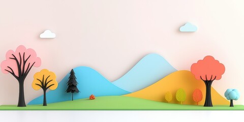 Pink trees, yellow and orange hues paint a breathtaking landscape. Blue sky meets green and orange landscape, with clouds dancing above. Nature's beauty!