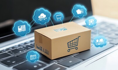 A small cardboard box with a shopping cart icon sits on a laptop keyboard, surrounded by floating blue cloud icons representing various digital