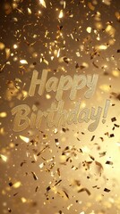 Elegant cinematic birthday composition with golden confetti in focus
