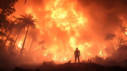 Fototapeta premium Firefighter facing massive rainforest fire, smoke and flames engulfing palm trees. Environmental disaster imagery