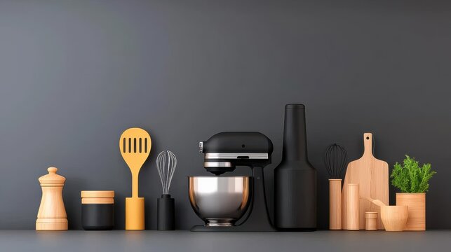 Modern minimalist kitchen features black and gray accents, wooden utensils, and baking essentials neatly arranged on a shelf for effortless cooking.
