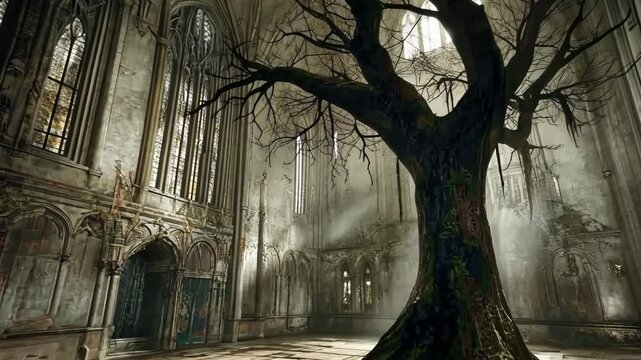 Eerie Gothic Cathedral Architecture in a Dark Haunted Setting