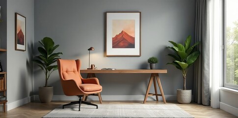 Minimalist gray and brown home office with a stylish armchair and framed artwork, chair, gray, framed art