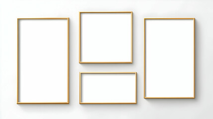 Four empty golden frames on white wall; interior design mockup