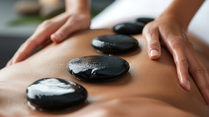 A person receiving a hot stone massage, with heated stones placed on their back, on a minimalist massage table.