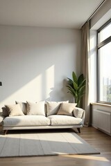 Minimalistic living room in designer loft with neutral color palette, modern furniture, and large windows, designer, neutral, interior