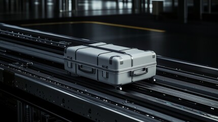 A sleek suitcase on an automated conveyor.