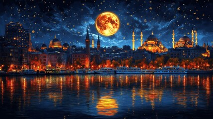 Istanbul Nightscape: A Magical Full Moon over the Bosphorus