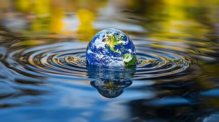 A water droplet in the shape of the planet Earth resting on a calm water surface and creating ripples that spread outward