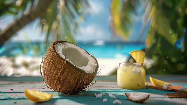Embrace summer's refreshing tropical bliss! Enjoy the sun, ocean, beach, coconut, and fruit. Drink cool water from a shell on the beach.